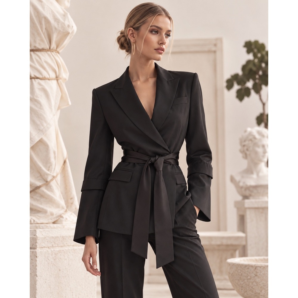 BCBGMAXAZRIA Lola Black Wool Blend Wrap Blazer Satin Tie Waist Jacket Size 8